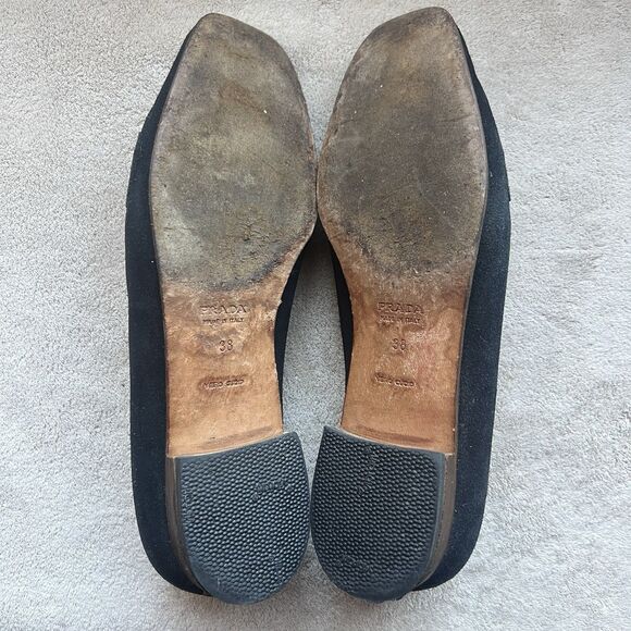 Prada Black Suede Cream White Stitching Loafer Flat Women EU 38 US 7.5-8 Classic - Picture 13 of 15